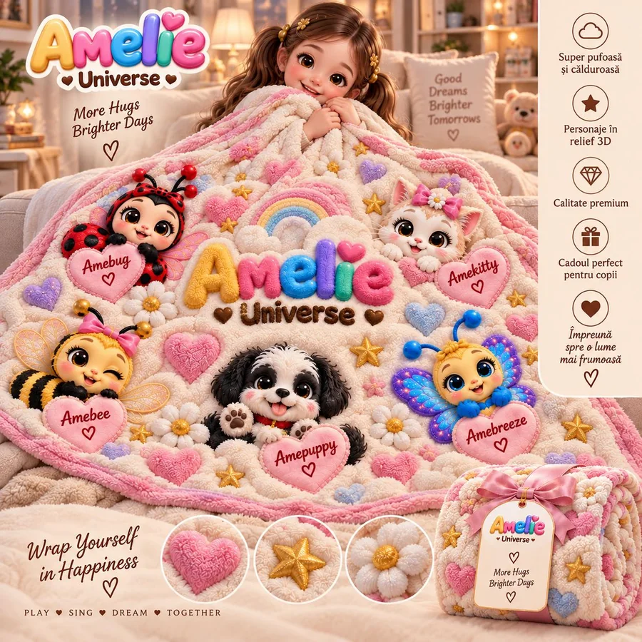 Amelie Universe fleece blanket with the friends in 3D relief